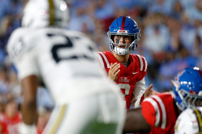 Oct 28, 2023; Oxford, Mississippi, USA; Mississippi Rebels quarterback Jaxson Dart (2) signals prior to the snap during the first half against the Vanderbilt Commodores at Vaught-Hemingway Stadium. Mandatory Credit: Petre Thomas-USA TODAY Sports